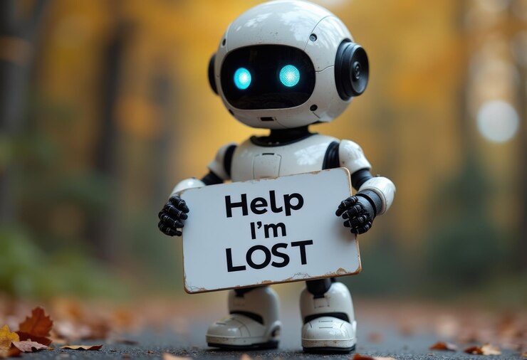 Foto un pequeño robot sostiene un cartel pidiendo ayuda porque se ha perdido