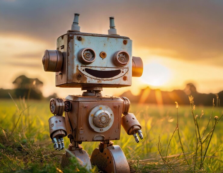 Un pequeño robot viejo y oxidado sonriendo en un campo riendo durante la puesta de sol
