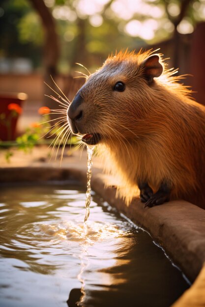 un pequeño roedor bebiendo agua de una fuente