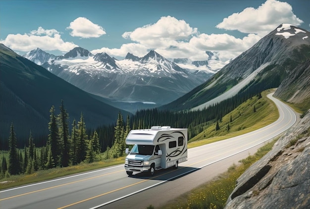 un pequeño rv conduciendo por un camino sinuoso en las montañas