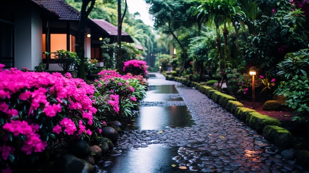 un pequeño sendero en el jardín de una casa con flores y una pequeña cascada.