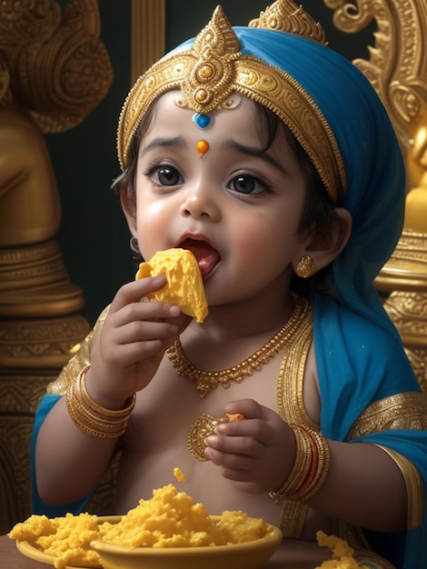 El pequeño Señor Krishna comiendo mantequilla Lorh Kanha Feliz Janmashtami