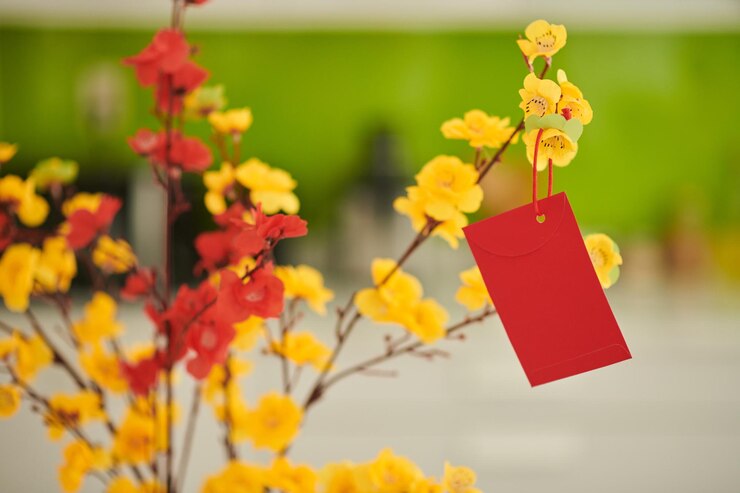 Foto pequeño sobre rojo de dinero de la suerte colgando de ramas de albaricoque florecientes