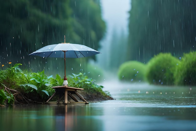 un pequeño soporte de madera con un paraguas en la lluvia