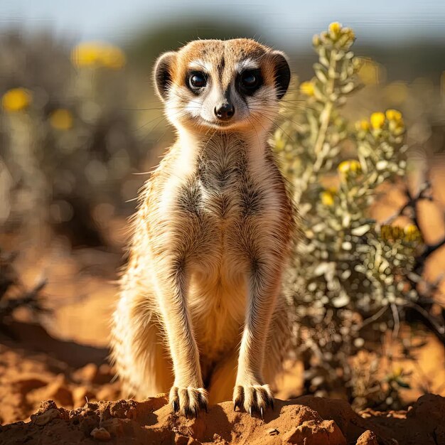 Foto un pequeño suricata de pie en la parte superior de un campo de tierra