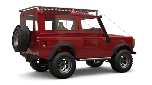 Pequeño SUV rojo, preparado para rutas y expediciones difíciles. Representación 3D.