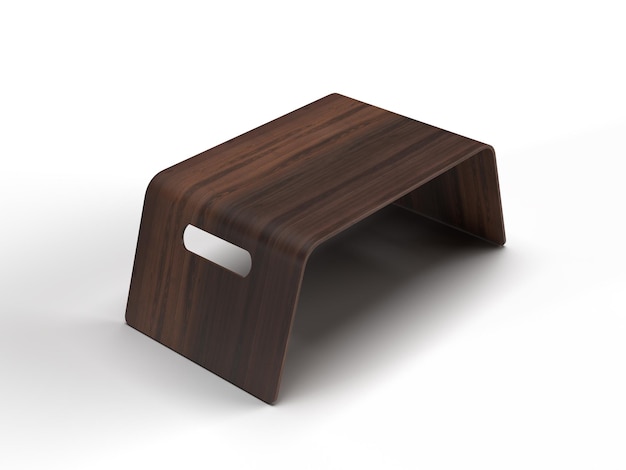 Un pequeño taburete de madera con un fondo blanco.