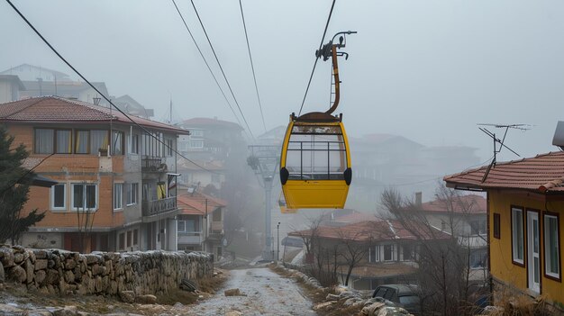 Pequeño teleférico amarillo que pasa por encima de una ciudad en la niebla