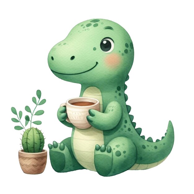 Foto un pequeño tiranosaurio rex verde con una taza de té