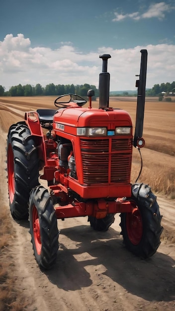 Pequeño tractor de ruedas rojas aislado sobre un fondo brillante con cielo