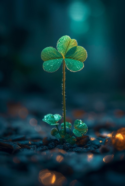 Un pequeño trébol verde de cuatro hojas brota del suelo con gotas de rocío.