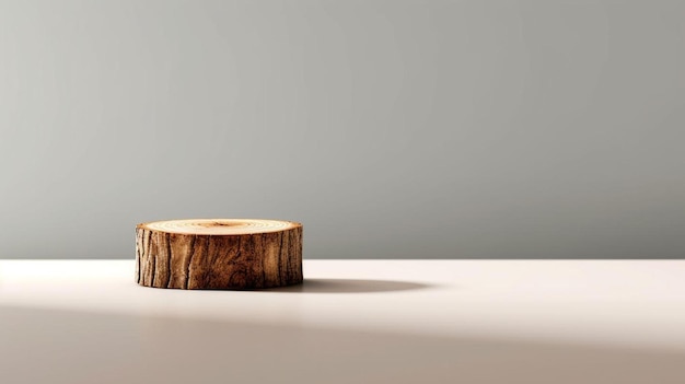 Un pequeño tronco se sienta en una mesa con un fondo gris.