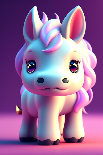 Un pequeño unicornio con cabello rosa y ojos morados.