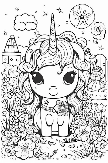 un pequeño unicornio con un cuerno de unicornio sentado en las flores generativa ai