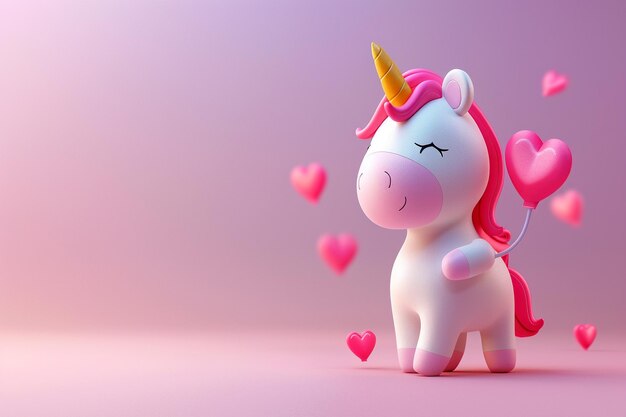 Un pequeño unicornio enamorado en 3D lindo y colorido