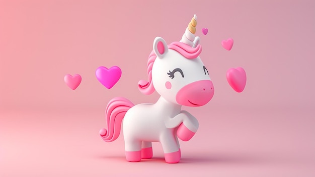 Un pequeño unicornio enamorado en 3D lindo y colorido