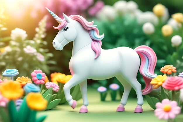 Foto un pequeño unicornio lindo en un césped con flores y arbustos brillantes