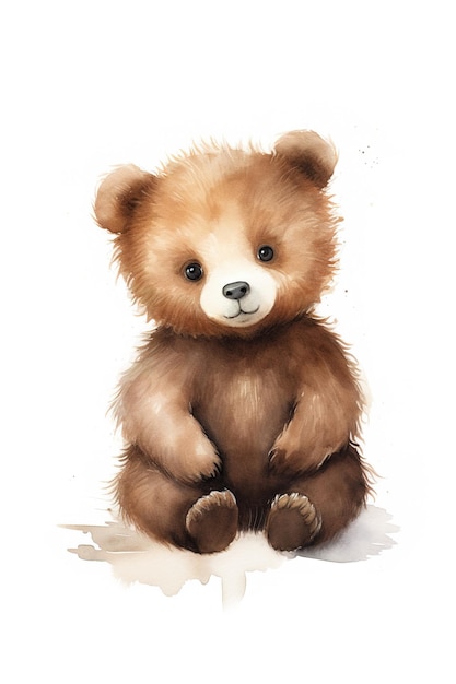 Pequeno urso castanho desenhado em estilo de pintura aquática isolado em fundo branco