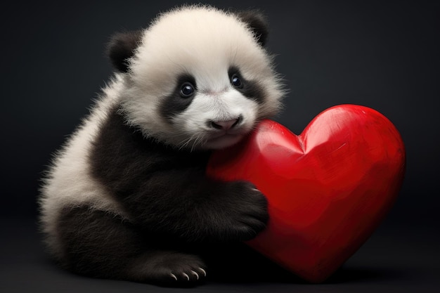 Foto pequeno urso panda bonito com coração vermelho em fundo preto panda recém-nascido adorável segurando um coração vermelho no dia dos namorados hdr gerado por ia