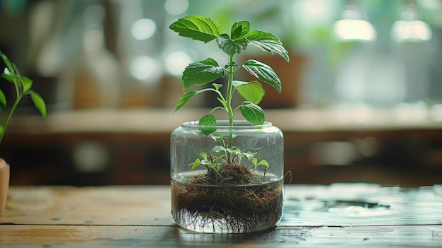 Pequeno vaso de vidro com planta