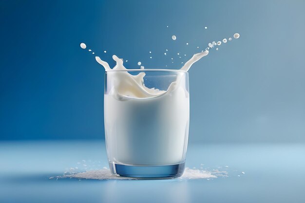 Pequeño vaso de leche con salpicaduras en un fondo azul