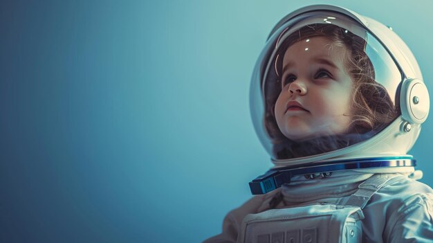 Un pequeño vestido de astronauta soñando con grandes sueños del espacio y más allá.
