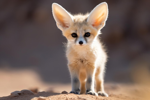 un pequeño zorro parado encima de un campo de tierra