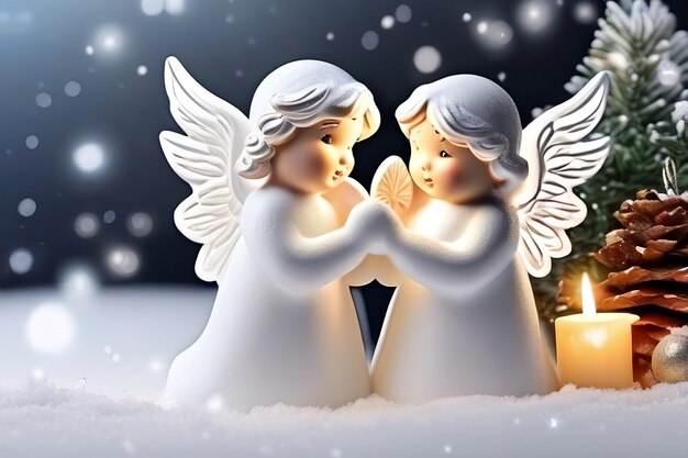 Pequeños ángeles de la guarda en la nieve decoración de Navidad