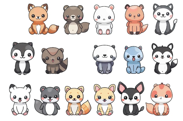 pequenos animais adoráveis desenhados sobre um fundo branco