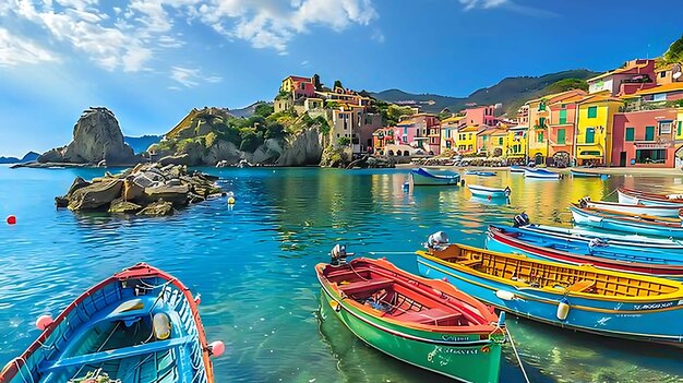 Pequenos barcos de pesca ancorados num porto calmo na costa italiana