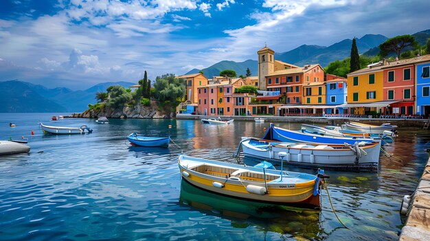 Pequeños barcos de pesca atracados en un colorido puerto en un día soleado con hermosas aguas azules y montañas verdes en el fondo