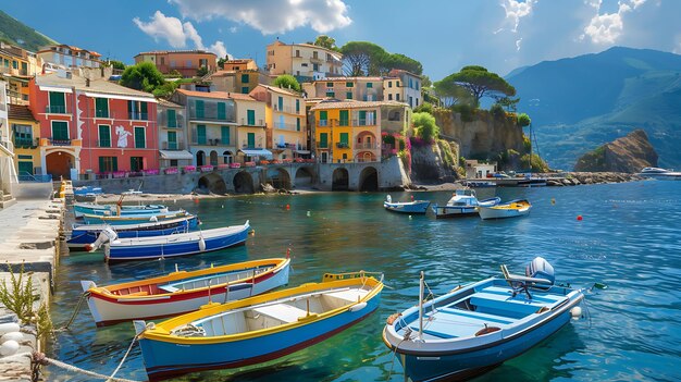 Pequeños barcos de pesca atracados en un hermoso puerto mediterráneo con coloridos edificios y aguas cristalinas