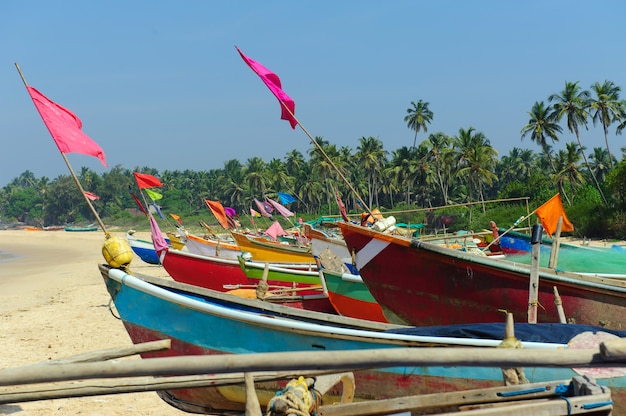 Pequeños barcos de pesca en colores del reggae en la costa de la playa del océano contra el cielo azul. India, Goa, Maharashtra.