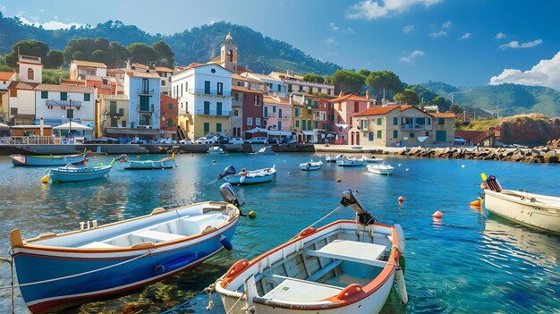 Pequeños barcos de pesca están atracados en un puerto en un día soleado Hay edificios coloridos que bordean el puerto y una ladera verde en el fondo