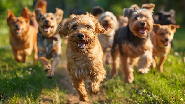Pequenos cães Jack Russell Terrier estão correndo através de um prado verde e se divertem muito