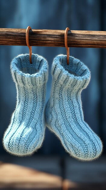 Los pequeños calcetines de lana para bebés se ven bastante acogedores en calcetines para bebés de invierno azul pastel IA generativa