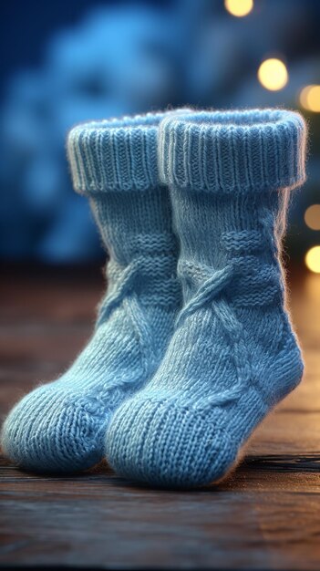Los pequeños calcetines de lana para bebés se ven bastante acogedores en calcetines para bebés de invierno azul pastel IA generativa