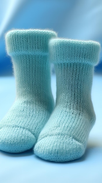 Los pequeños calcetines de lana para bebés se ven bastante acogedores en calcetines para bebés de invierno azul pastel IA generativa