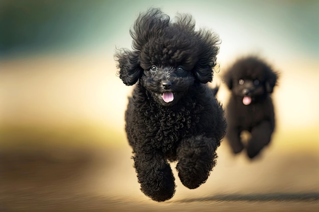 Pequeños caniches traviesos negros corriendo en gr sobre fondo borroso