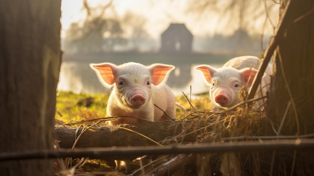 Pequeños cerdos de IA generativos mirando la cámara en una granja
