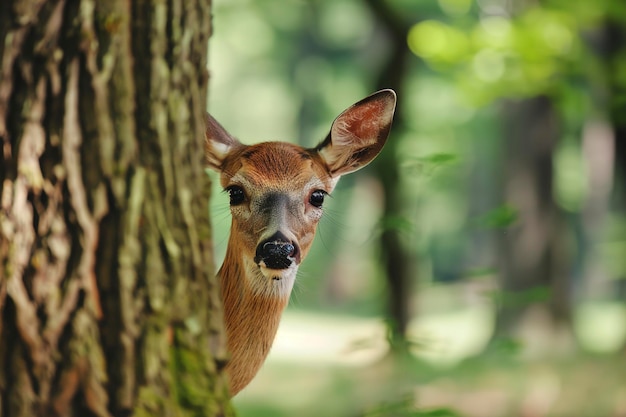 Pequenos cervos por árvore na floresta