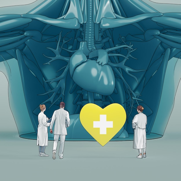 Foto pequeños científicos que estudian el corazón y el sistema cardiovascular ilustración aislada médicos de dibujos animados que hacen análisis de microorganismos intestinales concepto de salud y nutrición representación 3d