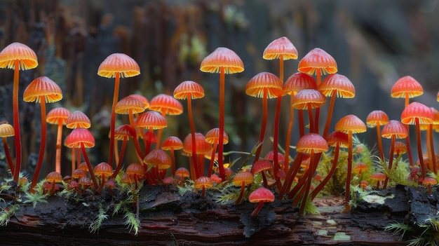 Pequenos cogumelos crescendo no chão da floresta de madeira em detalhe