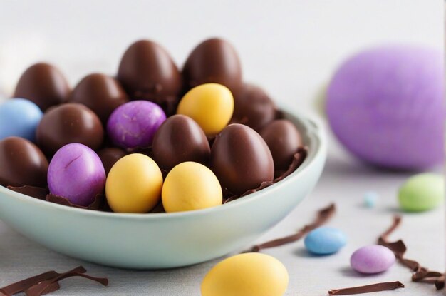 Pequenos doces em ovos de chocolate de Páscoa abertos na mesa