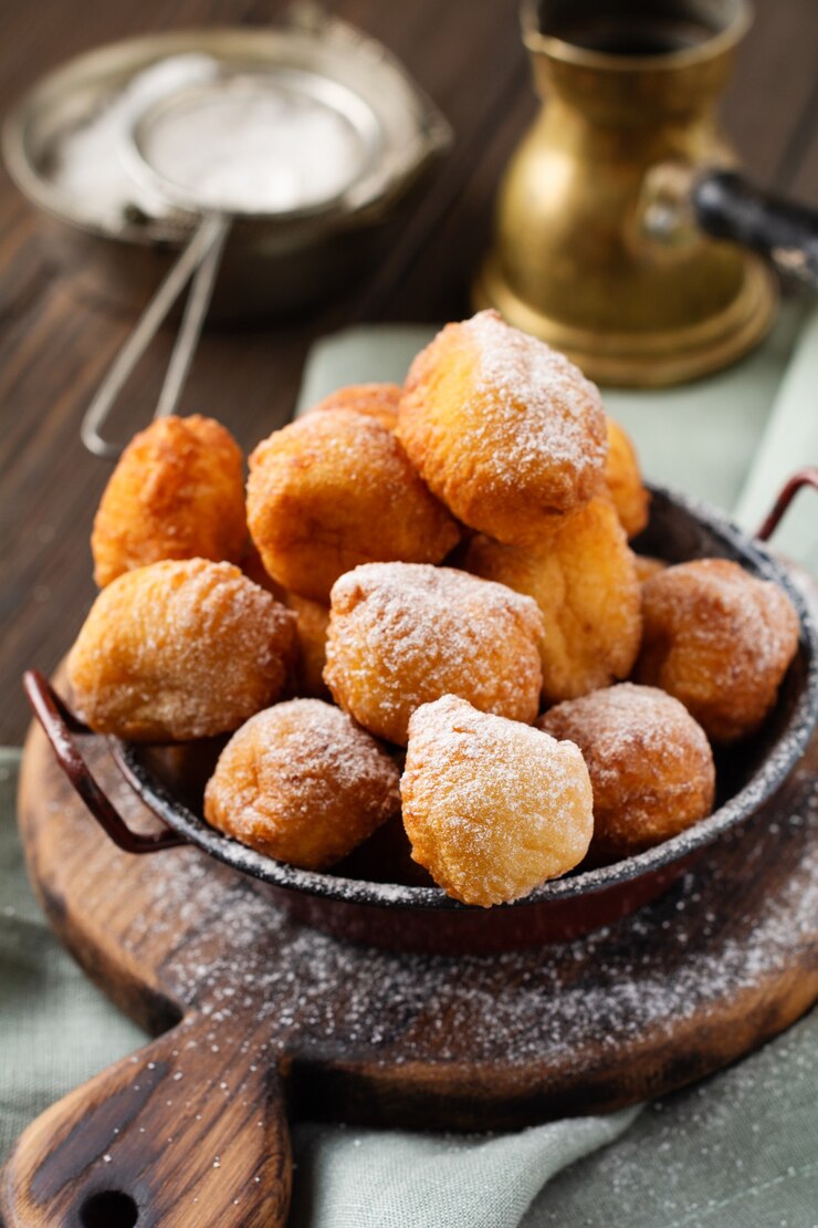 Pequenos Donuts. Cookies caseiros de coalhada frita em gordura e polvilhada com açúcar de confeiteiro em um prato vintage
