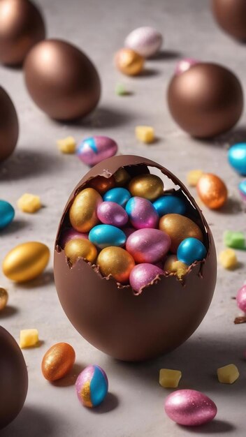 Foto pequeños dulces en huevos de chocolate de pascua abiertos en la mesa