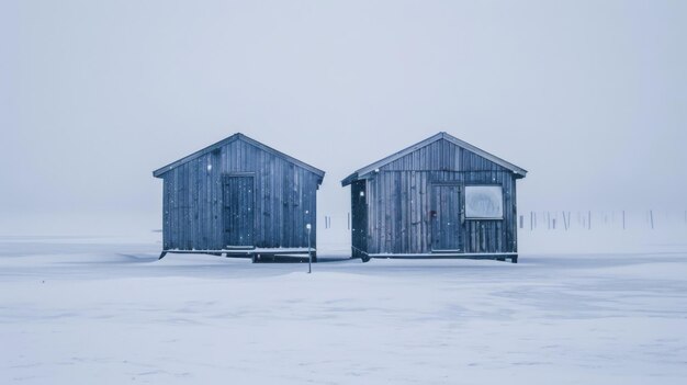 Pequeños edificios de madera en la nieve
