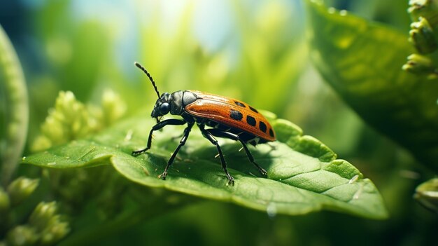 Pequeños escarabajos joya insectos hojas verdes fotografía de la naturaleza Imagen generada por Ai