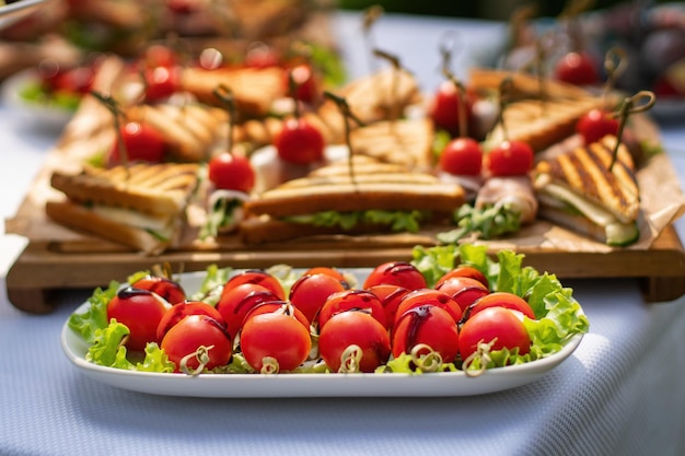 Pequenos espetos com tomate mussarela e manjericão Belo dia ensolarado catering ao ar livre