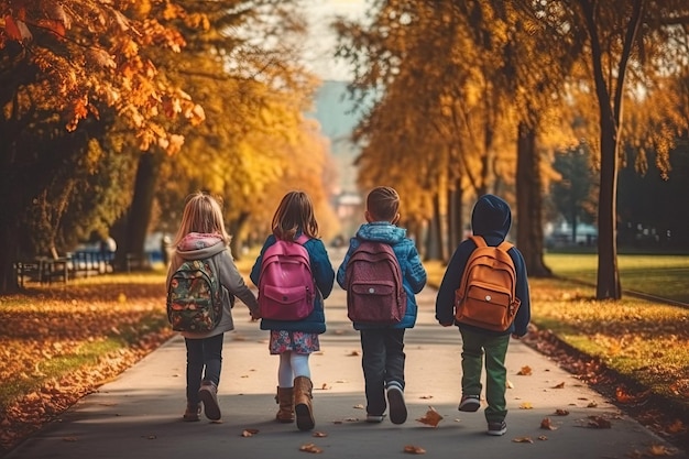 Pequeños estudiantes con mochilas de regreso a la escuela hechas con tecnología Generative AI